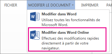 Menu Modifier le document avec l’option Modifier dans Word Online sélectionnée
