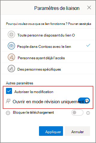 Paramètres de lien pour permettre la modification.