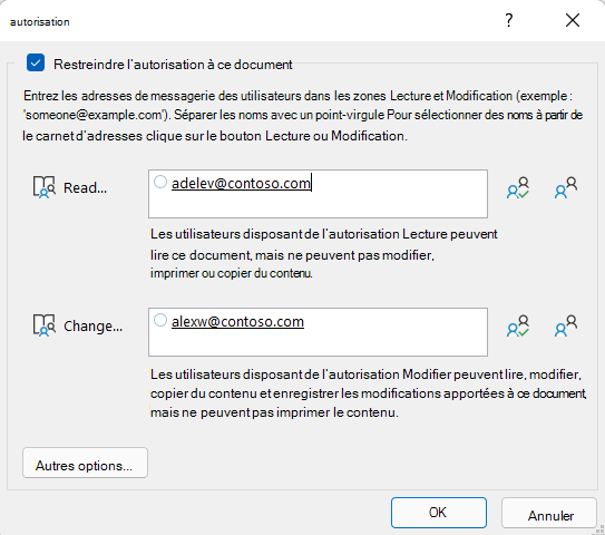 Boîte de dialogue Autorisations IRM montrant qui dispose de l’autorisation lecture sur ce fichier et qui dispose des autorisations de modification du fichier.