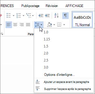 Écran Espacement des lignes et des paragraphes