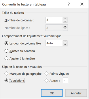 Boîte de dialogue Convertir le texte en tableau