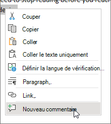 Menu contextuel Word pour le web avec l’option Nouveau commentaire sélectionnée