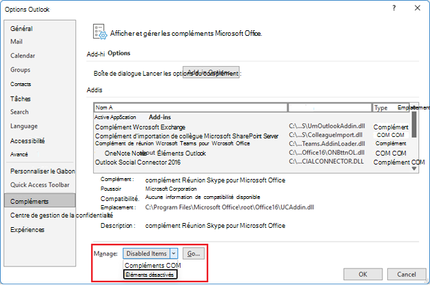 Capture d’écran de la fenêtre Options Outlook