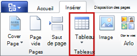 Commande Tableau sous l’onglet Insertion