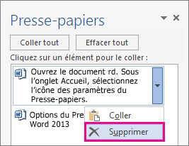 Suppression d’un élément du Presse-papiers Word 2013