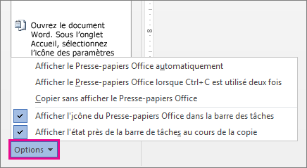 Options du Presse-papiers dans Word 2013