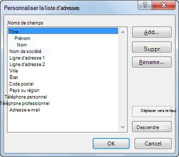 Boîte de dialogue Personnaliser la liste d’adresses