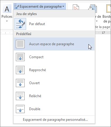 Aucun espace de paragraphe sur le menu Espacement entre paragraphes