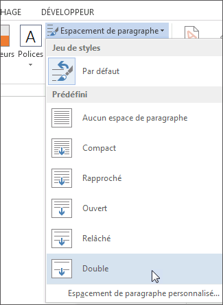 Menu Espacement de paragraphe