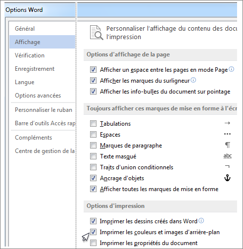 Case à cocher Imprimer les couleurs et images d’arrière-plan dans la boîte de dialogue Options de Word