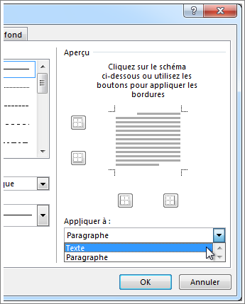 Menu déroulant Appliquer à dans la boîte de dialogue Bordure et trame