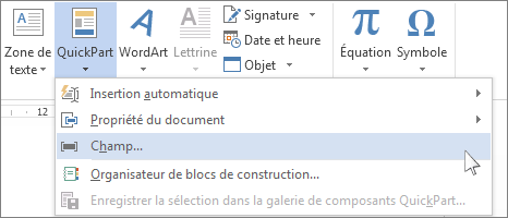Option Insérer un champ dans le menu QuickPart