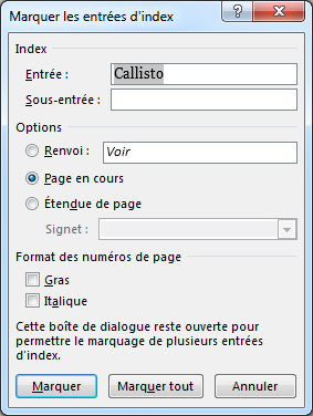 Boîte de dialogue Marquer les entrées d’index