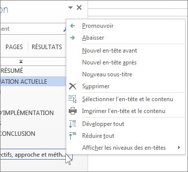 Options du menu contextuel pour les titres dans le volet de navigation