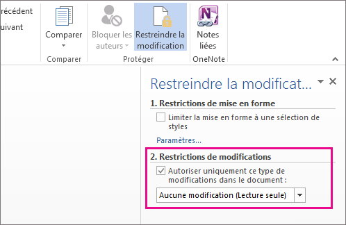 Volet Restreindre la modification