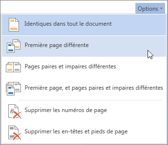 Menu Options d’en-tête et de pied de page dans Word Online