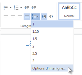 Menu Interligne dans Word Web App