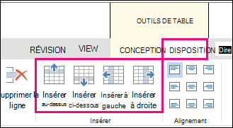 Image des options de mise en page pour l’ajout de lignes et de colonnes dans les tableaux