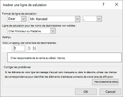 Boîte de dialogue de ligne de salutation