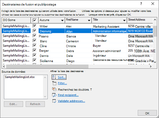 Boîte de dialogue Modifier les destinataires