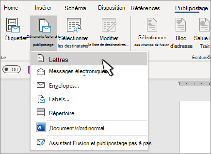 Menu Démarrer de fusion et publipostage avec Lettres sélectionnées