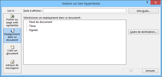 Création d’un lien vers un emplacement du document actif