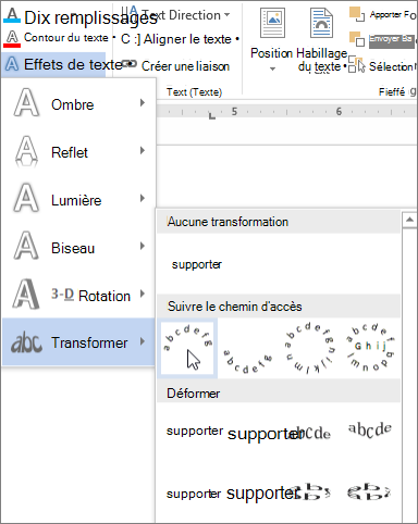 Sélection d’un effet de texte de transformation incurvé