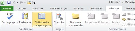 Ruban Excel - Onglet Révision - Dictionnaire des synonymes