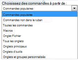 Liste Choisir les commandes dans les catégories suivantes
