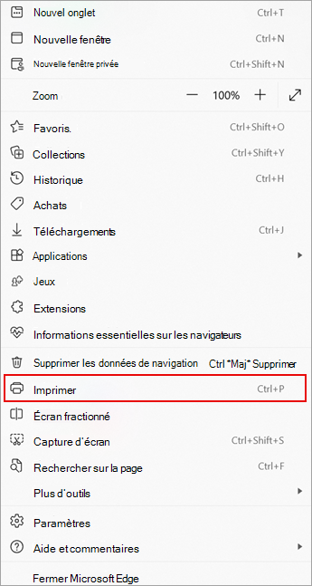 Capture d’écran montrant la commande Imprimer dans le menu Plus de Microsoft Edge.
