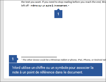 Word utilise un nombre ou un symbole pour associer la note à un point de référence dans le document