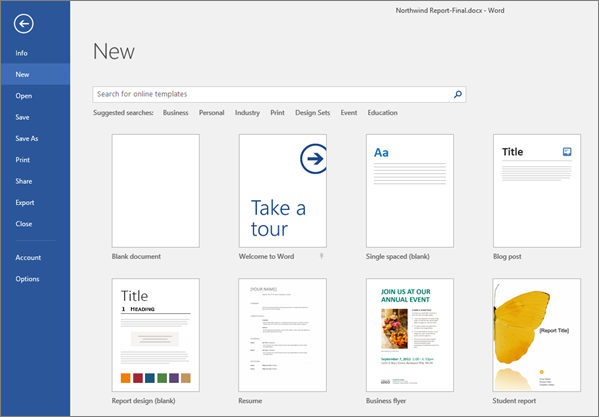 A list of available Word templates is shown.
