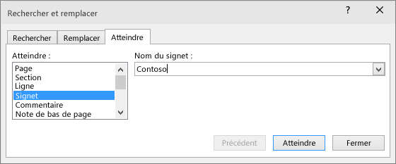 Onglet Aller à de la boîte de dialogue Rechercher et remplacer