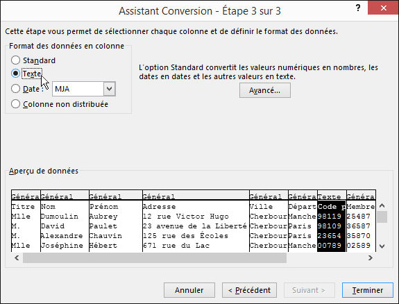 L’option Texte pour le format des données en colonne est mise en surbrillance dans l’Assistant Importation de texte.