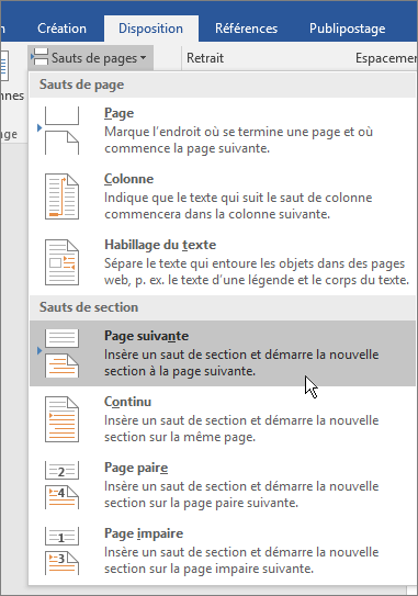 Options de saut dans l’onglet Mise en page