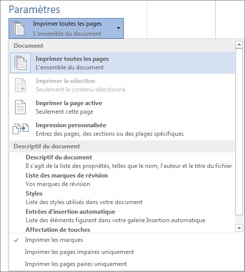 Capture d’écran du volet Imprimer avec le menu Imprimer toutes les pages qui a été développé de manière à afficher d’autres options.