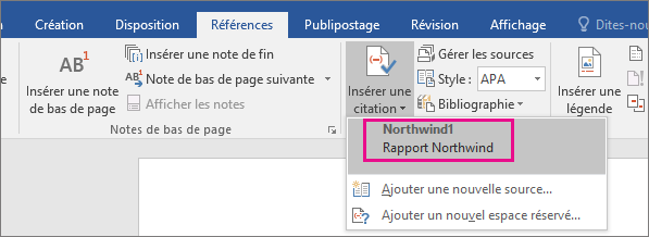 Liste des citations affichée à partir du bouton Insérer une citation