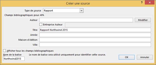 Option dans la boîte de dialogue Créer une source