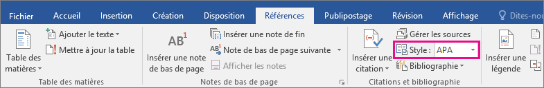 Option Style APA mise en évidence dans l’onglet Références