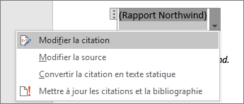 Options disponibles sous une citation