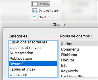 Capture d’écran montrant les codes de champ filtrés par catégorie Informations sur le document