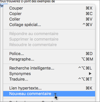 Menu contextuel de Word pour Mac avec l’option Nouveau commentaire sélectionnée