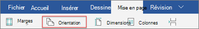 Onglet Mise en page de la tablette Windows avec l’option Orientation sélectionnée