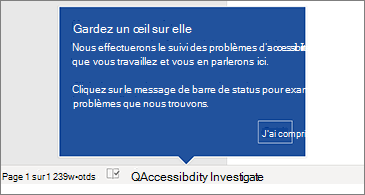 Barre d’état indiquant que le vérificateur d’accessibilité est en cours d’exécution