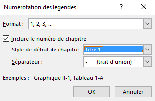Utilisez la boîte de dialogue Numérotation des légendes pour ajouter des numéros de chapitre aux légendes.