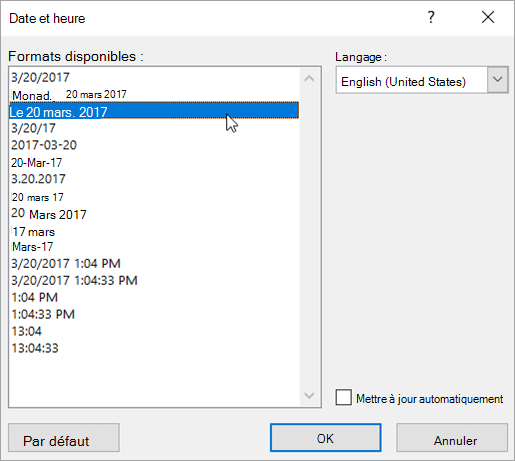 Boîte de dialogue Date et heure