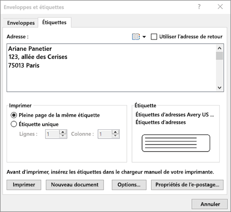 Boîte de dialogue Enveloppe et étiquettes : Étiquettes