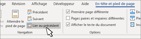 Lien en-tête/pied de page vers le bouton précédent