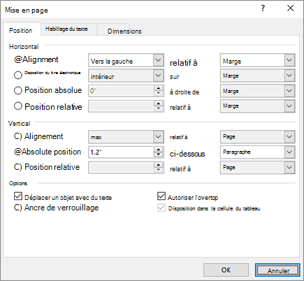 Onglet position des options de disposition