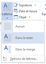 Dans le menu Lettrine, sélectionnez Dans le texte.